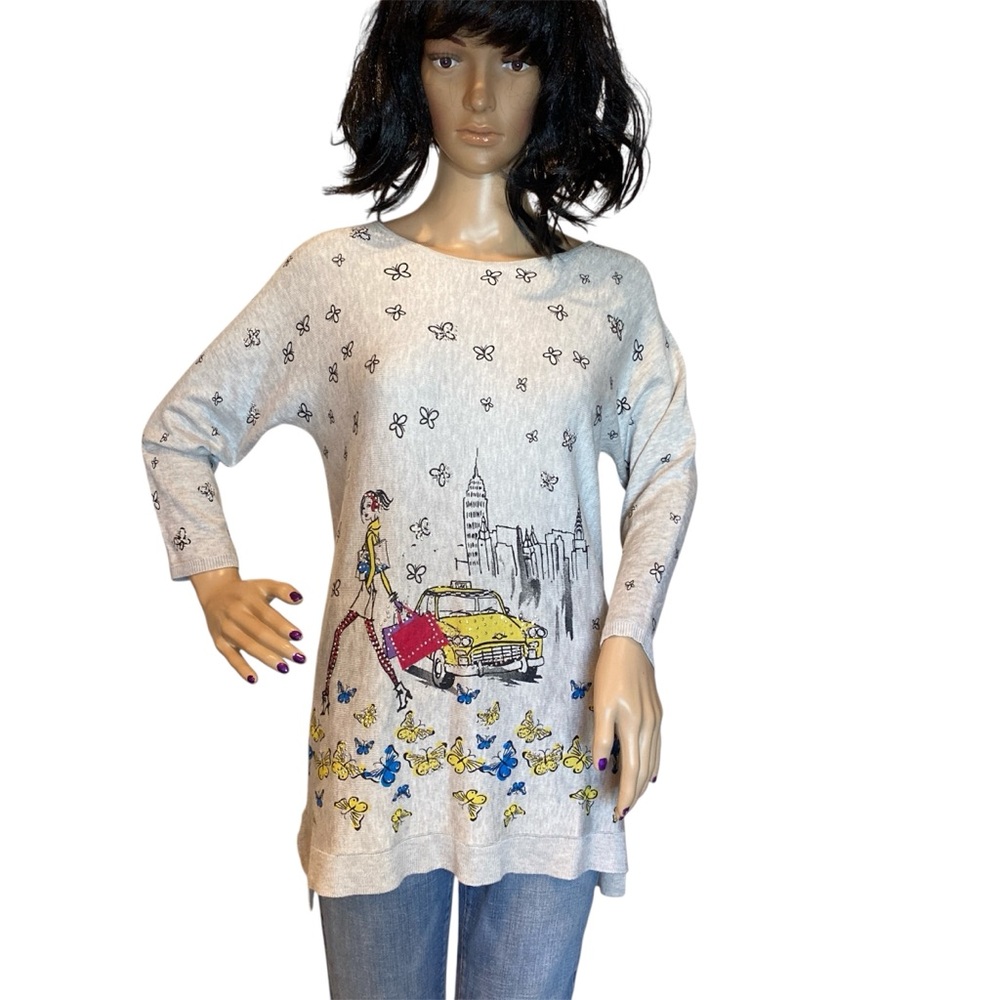 Mesh + Lace Gray Embellished Studded Knit Sweater Top City Shopping Sz Small NWT